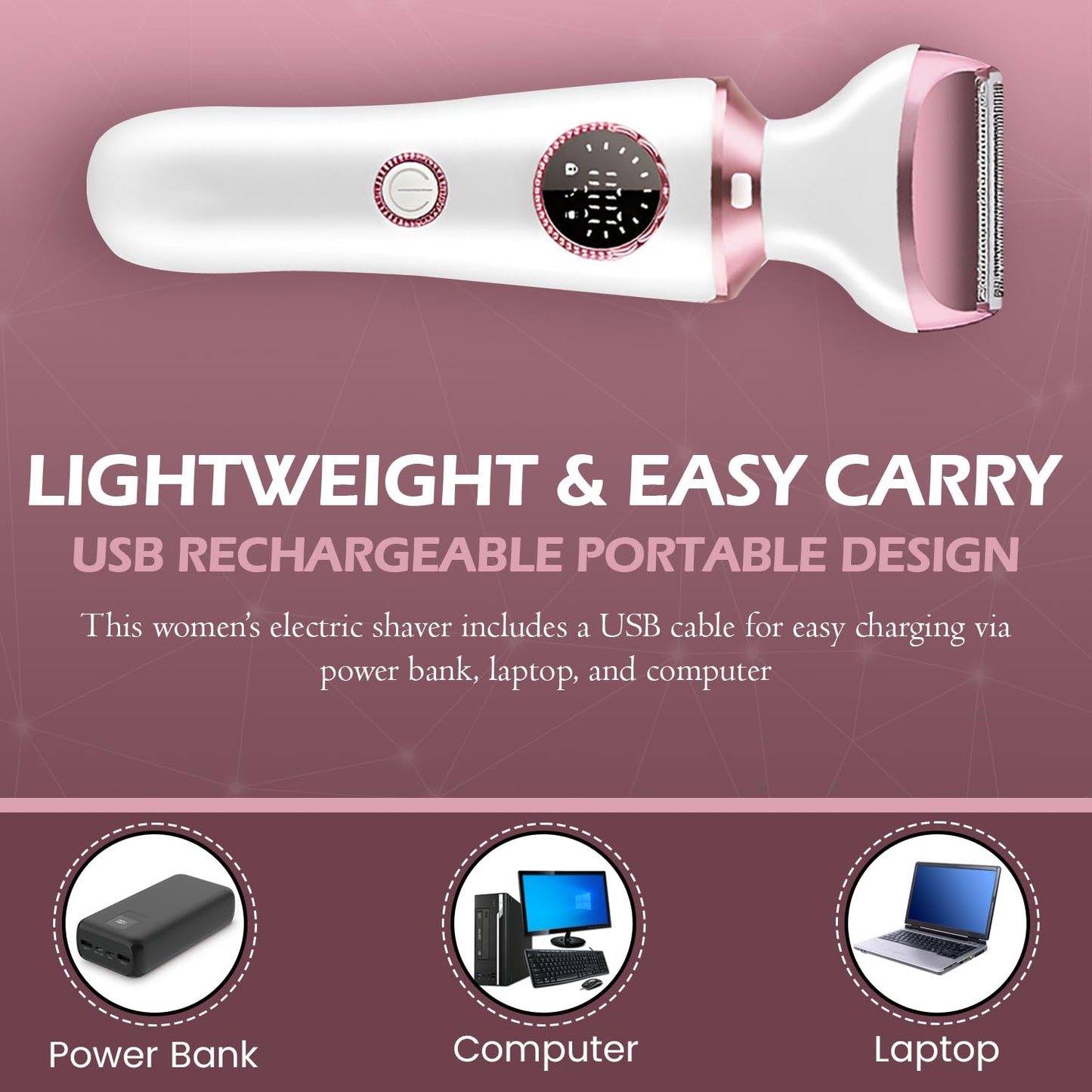 Electric Razor for Women, 4-in-1 Bikini Trimmer & Body Shaver for Face, Legs, Underarms, Pubic Hair, Rechargeable Wet/Dry Painless Hair Removal with LED Light & Travel Lock