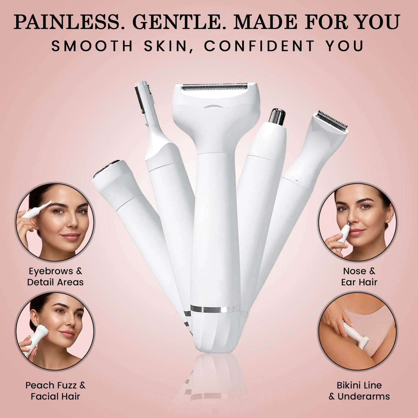 Electric Razors for Women, Bikini Trimmer for Women 5 in 1 Body Shaver for Nose Hair Face Eyebrow Arms Legs Armpit Underarm Pubic Area, Replaceable Lady Facial Razor Painless USB Charge Female Gift
