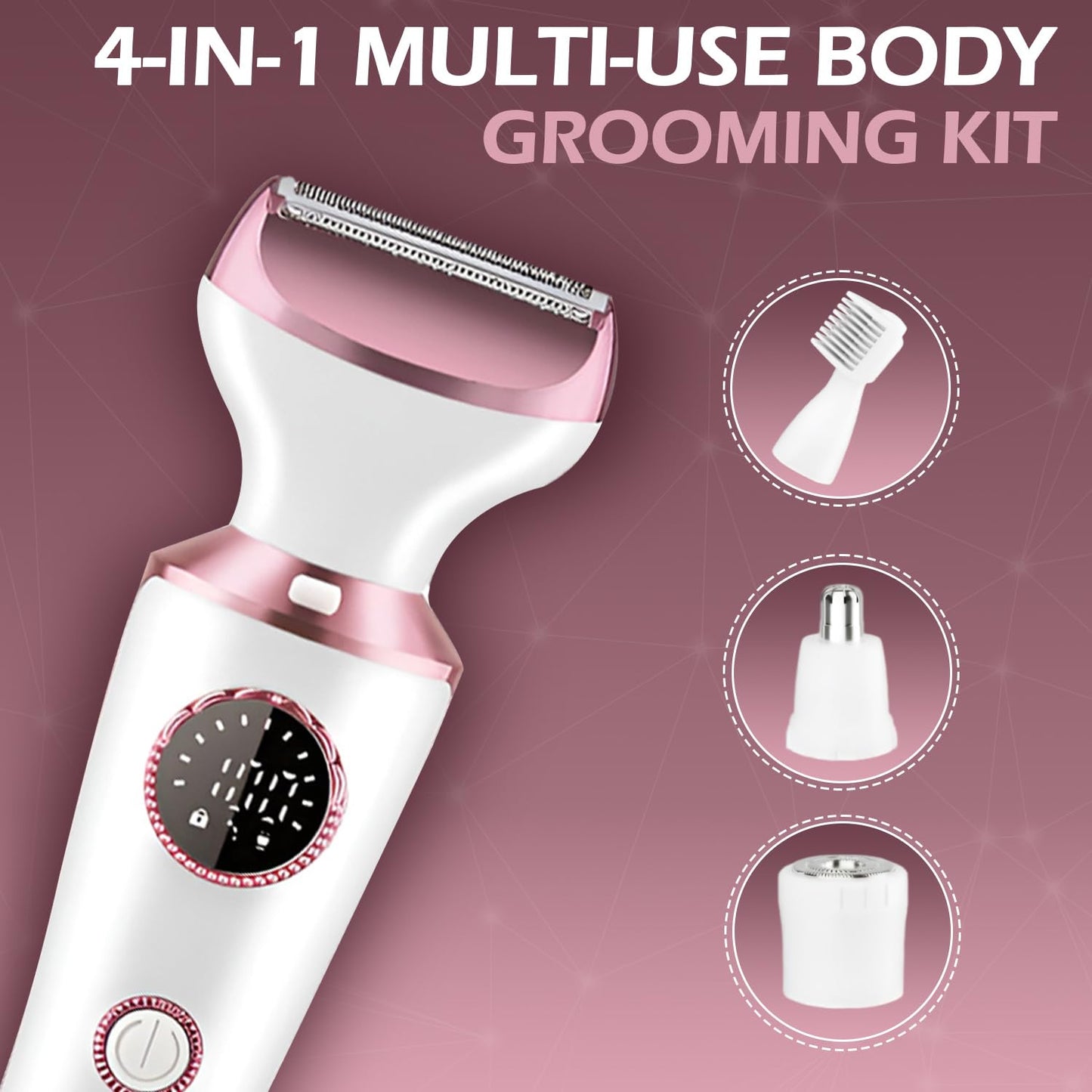 Electric Razor for Women, 4-in-1 Bikini Trimmer & Body Shaver for Face, Legs, Underarms, Pubic Hair, Rechargeable Wet/Dry Painless Hair Removal with LED Light & Travel Lock