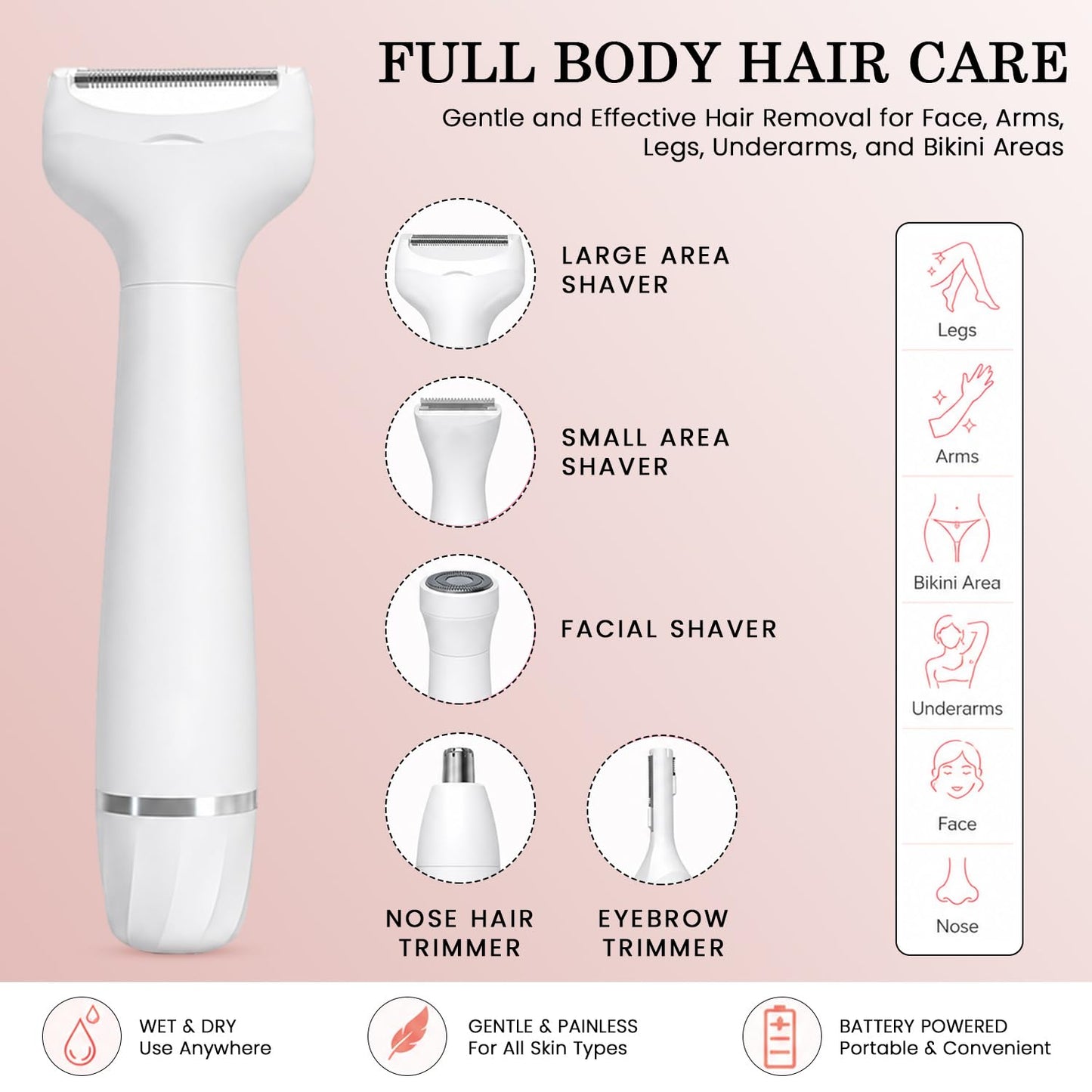 Electric Razors for Women, Bikini Trimmer for Women 5 in 1 Body Shaver for Nose Hair Face Eyebrow Arms Legs Armpit Underarm Pubic Area, Replaceable Lady Facial Razor Painless USB Charge Female Gift