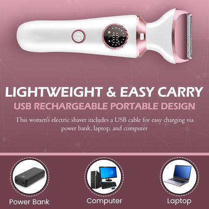 Electric Razor for Women, 4-in-1 Bikini Trimmer & Body Shaver for Face, Legs, Underarms, Pubic Hair, Rechargeable Wet/Dry Painless Hair Removal with LED Light & Travel Lock