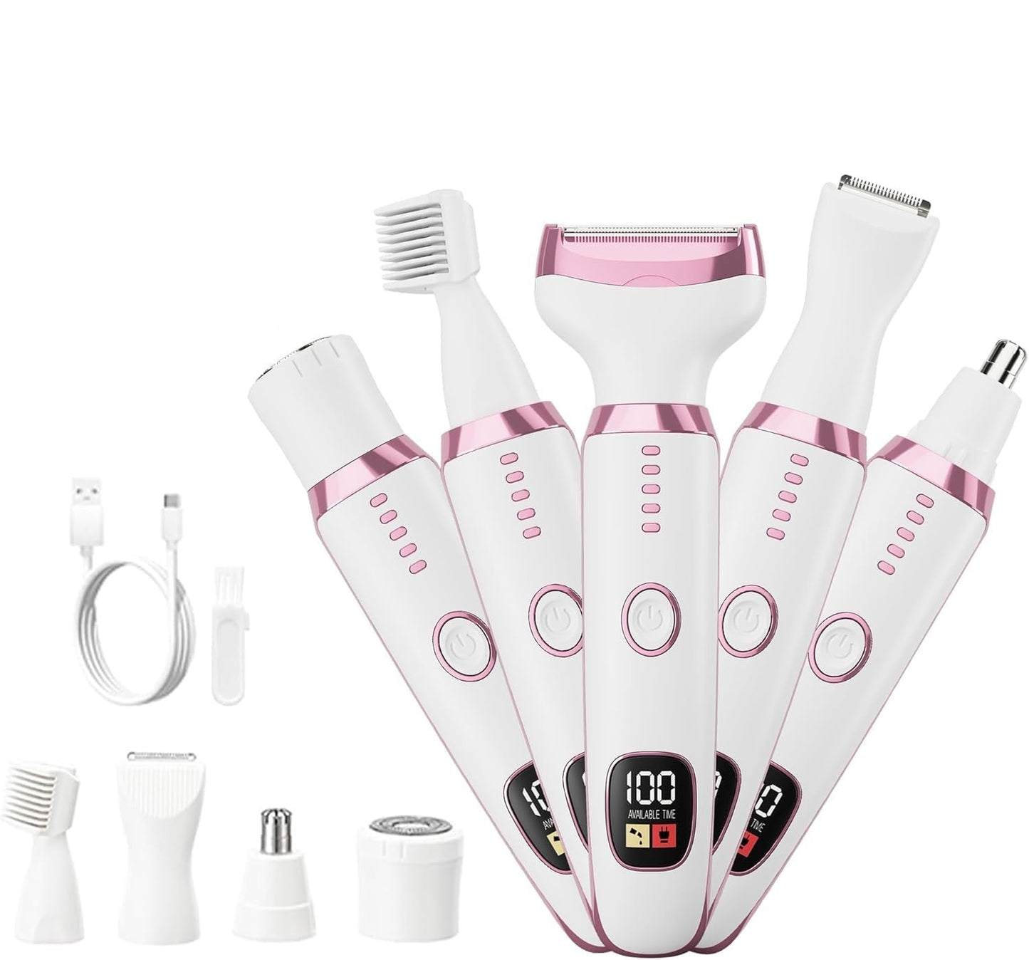 5-in-1 Women's Electric Shaver & Hair Trimmer Kit - for Legs, Underarms, Bikini Line, Face & Body, Painless Cordless Wet/Dry Razor, Waterproof & USB Rechargeable for Women Grooming