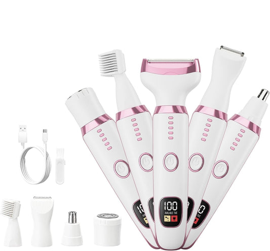 5-in-1 Women's Electric Shaver & Hair Trimmer Kit - for Legs, Underarms, Bikini Line, Face & Body, Painless Cordless Wet/Dry Razor, Waterproof & USB Rechargeable for Women Grooming