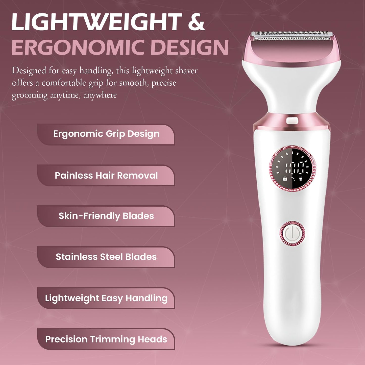 Electric Razor for Women, 4-in-1 Bikini Trimmer & Body Shaver for Face, Legs, Underarms, Pubic Hair, Rechargeable Wet/Dry Painless Hair Removal with LED Light & Travel Lock