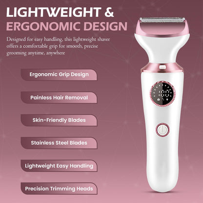 Electric Razor for Women, 4-in-1 Bikini Trimmer & Body Shaver for Face, Legs, Underarms, Pubic Hair, Rechargeable Wet/Dry Painless Hair Removal with LED Light & Travel Lock