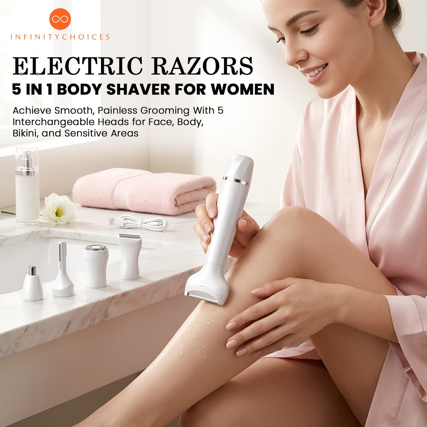 Electric Razors for Women, Bikini Trimmer for Women 5 in 1 Body Shaver for Nose Hair Face Eyebrow Arms Legs Armpit Underarm Pubic Area, Replaceable Lady Facial Razor Painless USB Charge Female Gift
