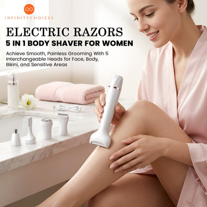 Electric Razors for Women, Bikini Trimmer for Women 5 in 1 Body Shaver for Nose Hair Face Eyebrow Arms Legs Armpit Underarm Pubic Area, Replaceable Lady Facial Razor Painless USB Charge Female Gift