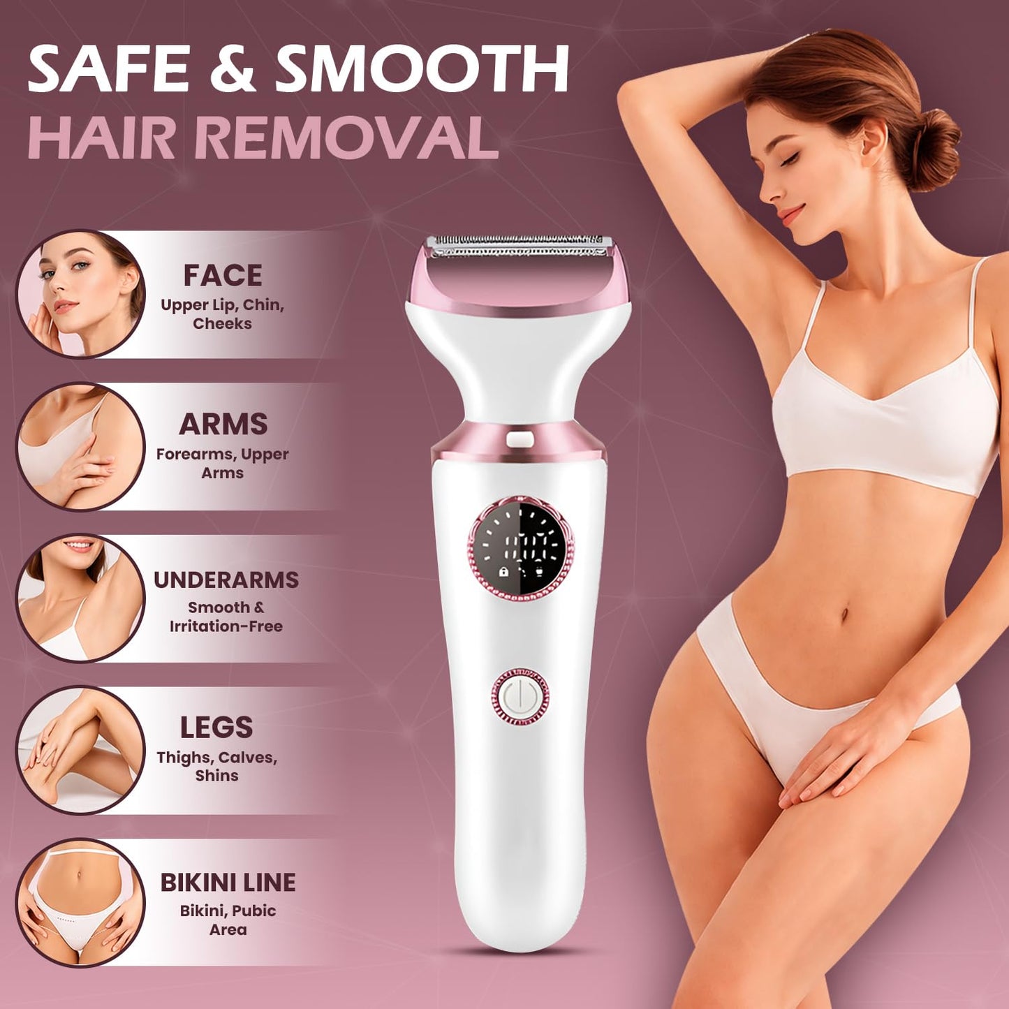 Electric Razor for Women, 4-in-1 Bikini Trimmer & Body Shaver for Face, Legs, Underarms, Pubic Hair, Rechargeable Wet/Dry Painless Hair Removal with LED Light & Travel Lock